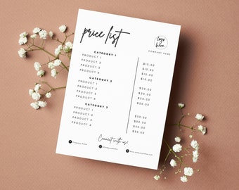 May include: A white price list with black text, featuring the words "price list" in a handwritten font. The list includes product categories and prices. A logo and company name are at the top. White flowers are in the background.