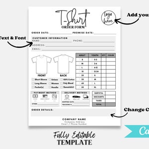 Puede incluir: Una plantilla de formulario de pedido de camisetas con secciones para informaci&oacute;n del cliente, detalles de la camiseta y m&eacute;todos de pago. El formulario incluye opciones para mangas cortas o largas, estilos unisex o de mujer y varios tama&ntilde;os. El dise&ntilde;o es totalmente editable.