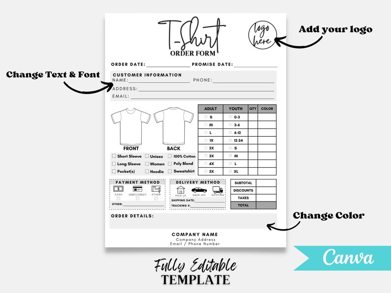 Puede incluir: Una plantilla de formulario de pedido de camisetas con secciones para informaci&oacute;n del cliente, detalles de la camiseta y m&eacute;todos de pago. El formulario incluye opciones para mangas cortas o largas, estilos unisex o de mujer y varios tama&ntilde;os. El dise&ntilde;o es totalmente editable.