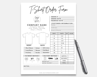 Tshirt Order Form, Shirt Order Form Template, T shirt Order Form, Custom Order Form, Order Form, Purchase Order Form, T-Shirt Order Form