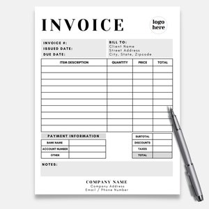 May include: A black and white invoice template with the word "INVOICE" in bold at the top. The template includes sections for invoice number, issued date, due date, item description, quantity, price, total, payment information, and notes. There is also a section for company name, company address, and email/phone number.