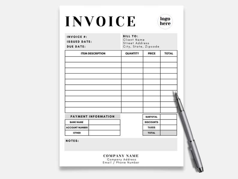 May include: A black and white invoice template with the word "INVOICE" in bold at the top. The template includes sections for invoice number, issued date, due date, item description, quantity, price, total, payment information, and notes. There is also a section for company name, company address, and email/phone number.