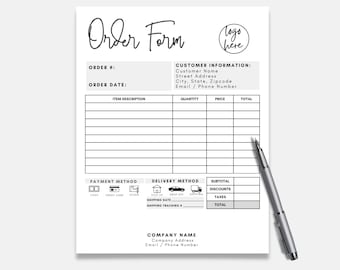 May include: A white order form with black text and a logo placeholder. The form includes fields for order details, customer information, item descriptions, payment and delivery methods, and totals. A silver pen rests on the form.
