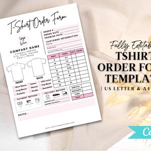 Puede incluir: Un formulario de pedido de camisetas blanco con detalles en rosa y el texto "T-Shirt Order Form". El formulario incluye secciones para información de la empresa, detalles de la camiseta, tallas y métodos de pago. La plantilla es totalmente editable y está disponible en tamaños US Letter y A4.