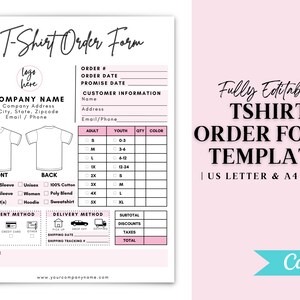 Puede incluir: Una plantilla de formulario de pedido de camiseta imprimible en blanco y negro con acentos rosas. El formulario incluye secciones para la información del cliente, los detalles del pedido, el método de pago, el método de entrega y una tabla para las opciones de tamaño y color. El texto "Plantilla de formulario de pedido de camiseta totalmente editable | TAMAÑO CARTA DE EE. UU. Y A4 | Canva" se muestra en el lado derecho del formulario.