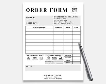 May include: A black and white order form with the title "ORDER FORM" at the top. The form includes sections for customer information, item description, quantity, price, total, payment method, delivery method, subtotal, discounts, taxes, and total. There is also a section for notes.
