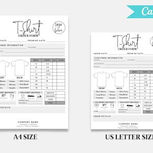 Puede incluir: Dos formularios de pedido de camisetas blancas, uno tama&ntilde;o A4 y otro tama&ntilde;o US Letter, con una pancarta Canva turquesa. Cada formulario incluye secciones para informaci&oacute;n del cliente, detalles de la camiseta, pago y m&eacute;todos de entrega. Los formularios tienen un marcador de posici&oacute;n "logo aqu&iacute;".