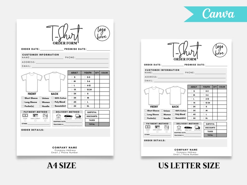 Puede incluir: Dos formularios de pedido de camisetas blancas, uno tama&ntilde;o A4 y otro tama&ntilde;o US Letter, con una pancarta Canva turquesa. Cada formulario incluye secciones para informaci&oacute;n del cliente, detalles de la camiseta, pago y m&eacute;todos de entrega. Los formularios tienen un marcador de posici&oacute;n "logo aqu&iacute;".