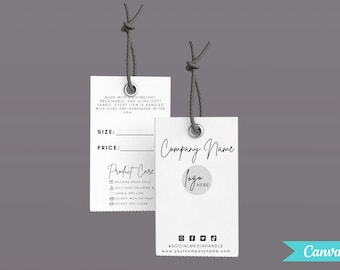 May include: Two white product tags with gray string, featuring text like "Company Name" and "Product Care." One tag includes fillable fields for size and price. The tags are made with lightweight, breathable fabric and are handmade in the USA.