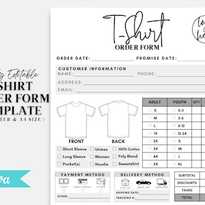 Puede incluir: Un formulario de pedido de camisetas blanco con secciones para informaci&oacute;n del cliente, detalles de la camiseta y m&eacute;todos de pago. Incluye opciones para mangas cortas o largas, estilos unisex o de mujer y tallas de la S a la 5XL. El formulario est&aacute; etiquetado como "Totalmente editable" y disponible en tama&ntilde;os US Letter y A4.