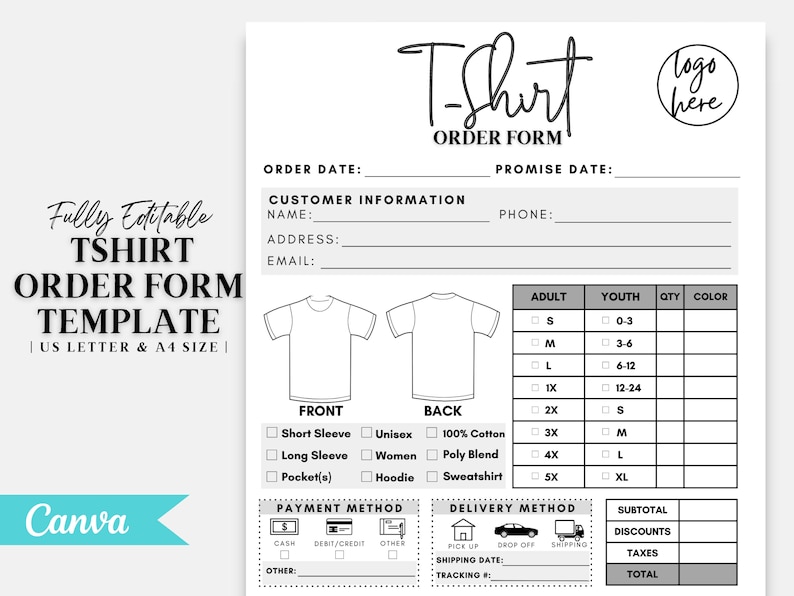 Puede incluir: Un formulario de pedido de camisetas blanco con secciones para informaci&oacute;n del cliente, detalles de la camiseta y m&eacute;todos de pago. Incluye opciones para mangas cortas o largas, estilos unisex o de mujer y tallas de la S a la 5XL. El formulario est&aacute; etiquetado como "Totalmente editable" y disponible en tama&ntilde;os US Letter y A4.