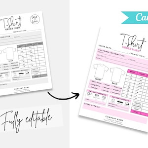 Puede incluir: Un formulario de pedido de camiseta blanca con detalles en rosa, con secciones para informaci&oacute;n del cliente, detalles de la camiseta y m&eacute;todos de pago. El formulario incluye el texto "T-Shirt Order Form" y "Fully editable". El logotipo de Canva es visible.