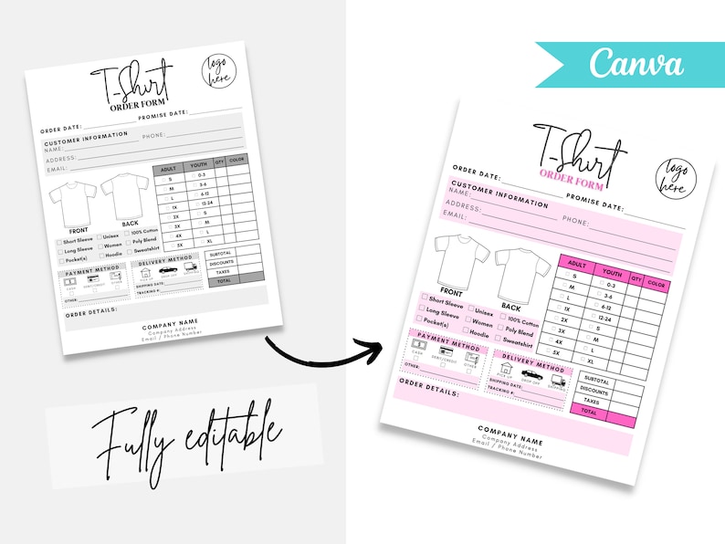 Puede incluir: Un formulario de pedido de camiseta blanca con detalles en rosa, con secciones para informaci&oacute;n del cliente, detalles de la camiseta y m&eacute;todos de pago. El formulario incluye el texto "T-Shirt Order Form" y "Fully editable". El logotipo de Canva es visible.