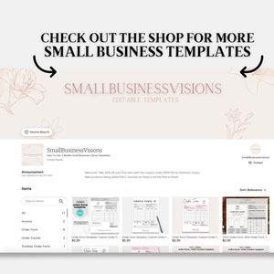 Puede incluir: Captura de pantalla de una tienda de Etsy, SmallBusinessVisions, que ofrece plantillas editables para peque&ntilde;as empresas. El nombre de la tienda est&aacute; en una fuente elegante, con el texto "CHECK OUT THE SHOP FOR MORE SMALL BUSINESS TEMPLATES" encima. Se muestran varios formularios de pedido.