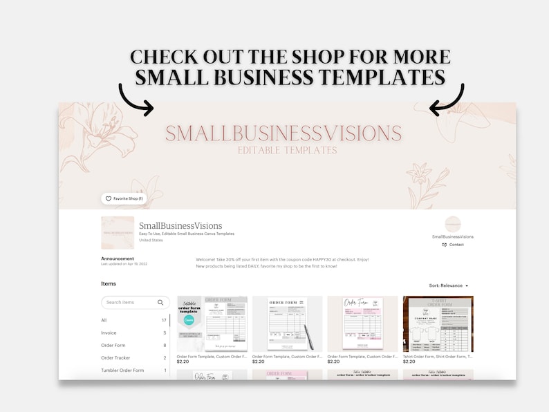 Puede incluir: Captura de pantalla de una tienda de Etsy, SmallBusinessVisions, que ofrece plantillas editables para peque&ntilde;as empresas. El nombre de la tienda est&aacute; en una fuente elegante, con el texto "CHECK OUT THE SHOP FOR MORE SMALL BUSINESS TEMPLATES" encima. Se muestran varios formularios de pedido.