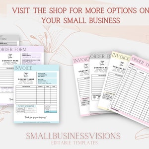 May include: A set of printable business forms for small businesses. The forms include a t-shirt order form, an order form, an invoice, and an order tracker. The forms are in a light pink, light blue, and cream color scheme.