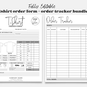 Puede incluir: Un paquete imprimible en blanco y negro de formulario de pedido de camisetas y seguimiento de pedidos. El formulario de pedido incluye campos para información del cliente, detalles de la camiseta y métodos de pago. El rastreador de pedidos tiene columnas para fecha, factura, cliente, descripción del artículo y estado de entrega.