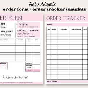 May include: A pink and white order form and order tracker template with black text. The order form includes sections for item description, quantity, price, and total. The order tracker includes sections for date, invoicer, customer, item description, total, estimated delivery date, shipped, and received.