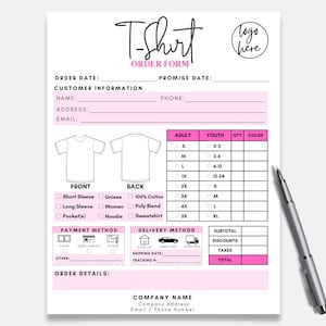 Pode incluir: Um formulário de pedido de camiseta rosa e preto com um espaço em branco para um logotipo. O formulário inclui seções para as informações do cliente, os detalhes do pedido, o método de pagamento, o método de entrega e uma tabela de tamanhos para tamanhos de adultos e crianças. O formulário também inclui uma seção para calcular o subtotal, os descontos, os impostos e o total.