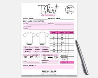 Tshirt Order Form, Shirt Order Form Template, T shirt Order Form, Custom Order Form, Order Form, Purchase Order Form, T-Shirt Order Form