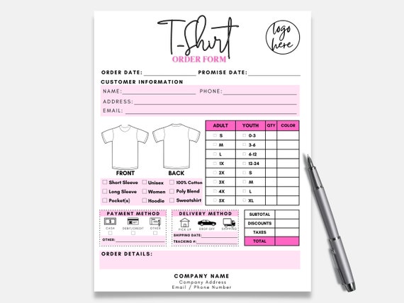 Tshirt Order Form, Shirt Order Form Template, T shirt Order Form, Custom Order Form, Order Form, Purchase Order Form, T-Shirt Order Form