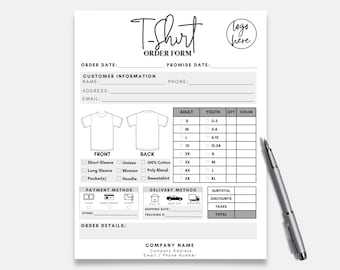 Tshirt Order Form, Shirt Order Form Template, T shirt Order Form, Custom Order Form, Order Form, Purchase Order Form, T-Shirt Order Form