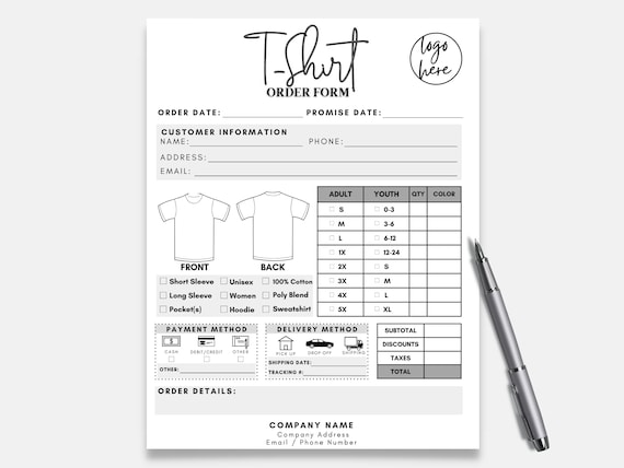 Tshirt Order Form, Shirt Order Form Template, T shirt Order Form, Custom Order Form, Order Form, Purchase Order Form, T-Shirt Order Form