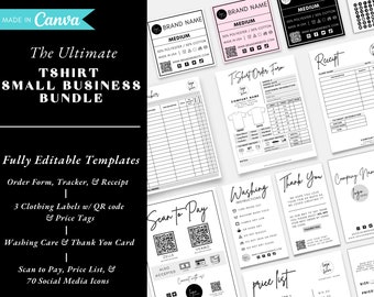 Paquete para pequeñas empresas, etiquetas de ropa imprimibles, formulario de pedido de camiseta, instrucciones de cuidado, plantilla de recibo, signo de código QR, etiqueta de precio, tarjeta de cuidado