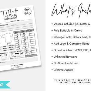 Puede incluir: Un formulario de pedido de camisetas blanco con secciones para informaci&oacute;n del cliente, detalles de la camiseta y m&eacute;todos de pago. Incluye una tabla de tallas y el texto "What's Included". El formulario est&aacute; dise&ntilde;ado para uso digital y es editable en Canva.