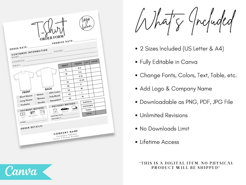 Puede incluir: Un formulario de pedido de camisetas blanco con secciones para informaci&oacute;n del cliente, detalles de la camiseta y m&eacute;todos de pago. Incluye una tabla de tallas y el texto "What's Included". El formulario est&aacute; dise&ntilde;ado para uso digital y es editable en Canva.