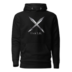 May include: Black hooded sweatshirt with a silver graphic of two crossed swords and the text "Frot Life".