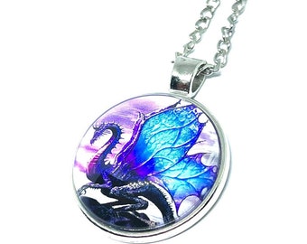 Blue Purple Dragon Resin Pendant Necklace (27mm, 50cm Chain)