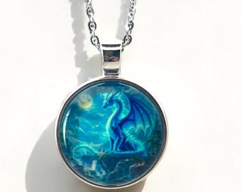 Blue Dragon Pendant Necklace: Glow-in-the-Dark Fantasy Jewelry