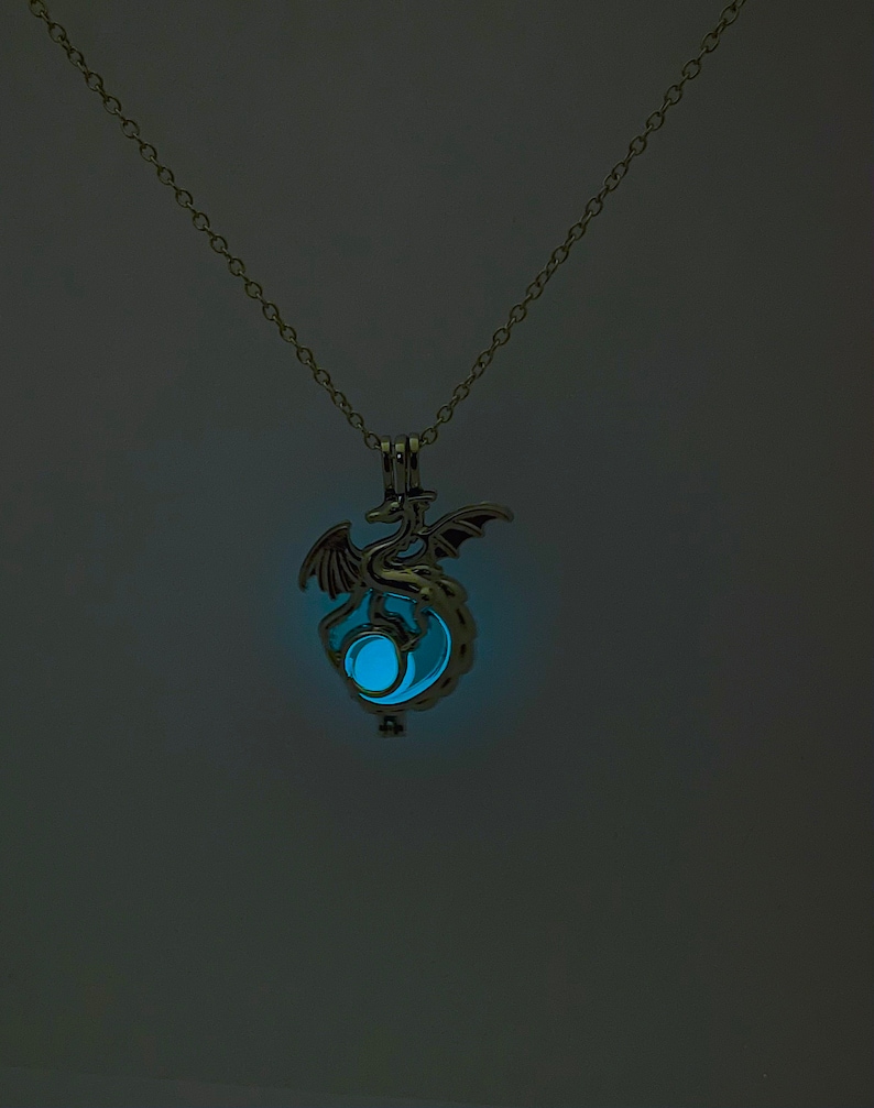 May include: A silver chain necklace with a dragon pendant. The pendant has a glowing blue orb inside.