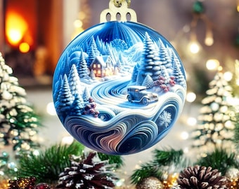 Set of 2 Glow-in-the-Dark Wooden Ornaments – 3 Inch Winter Scene with Car, Snow, House, Tree & Warm Lights – Christmas Decorations