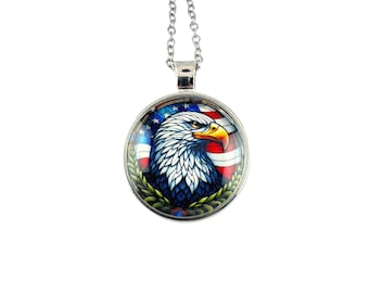 Handmade Eagle Necklace: American Flag Glass Cabochon Pendant