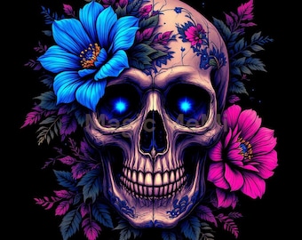 Floral Skull Art Print: Glowing Blue & Pink Flowers (Digital Download)