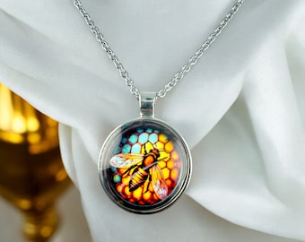 Handmade Bee Pendant Necklace: Resin Honeycomb Charm