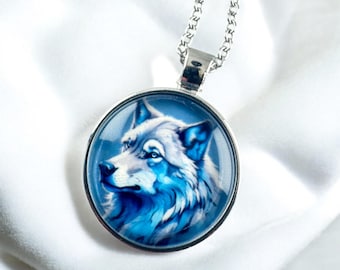 Glow in the Dark Wolf Necklace: Blue Resin Pendant