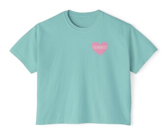 Retro Feminist Heart Boxy Tee: Pigment-Dyed Vintage Crop Top