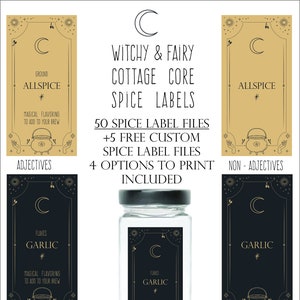 May include: A set of 50 printable spice jar labels with a witchy and fairy cottage core theme. The labels feature a crescent moon, a cauldron, and stars in a black and gold colour scheme. The text on the labels reads "Witchy & Fairy Cottage Core Spice Labels".