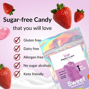 May include: A pink and purple holographic bag of sugar-free gummy bears. The bag has a white label with the text "Sweet 4 All Colorado Candy" and "Sweet Gummy Bears". The bag also has a pink gummy bear on the front. The text "Net Carb!" is on the bag.