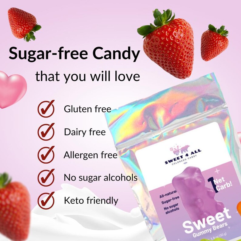 May include: A pink and purple holographic bag of sugar-free gummy bears. The bag has a white label with the text "Sweet 4 All Colorado Candy" and "Sweet Gummy Bears". The bag also has a pink gummy bear on the front. The text "Net Carb!" is on the bag.