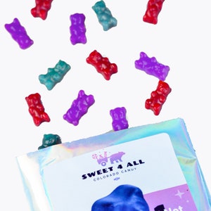 May include: A bag of gummy bears in assorted colours, including red, purple, blue, and green. The bag is labelled "Sweet 4 All Colorado Candy".
