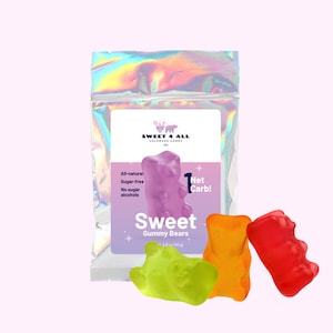 May include: A bag of sugar-free gummy bears with a label that says "Sweet 4 All Colorado Candy" and "1 Net Carb!" The bag is iridescent and the gummy bears are purple, orange, red, and green.
