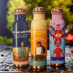 Sarveda Handprinted Ayurvedic Copper Bottle with Ancient Yogic and Vedic Artwork | Perfect for Yoga & Ayurveda lovers