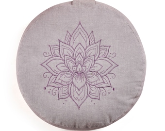 Sarveda Hi-Zafu Meditation Cushion filled with Buckwheat and Embroidered with Lotus