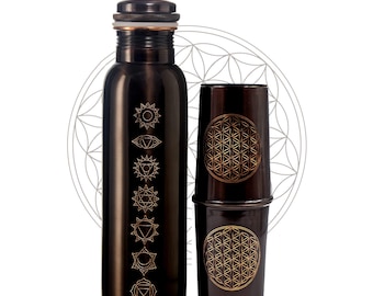 Sarveda 7 Chakra Copper Water Bottle & 2 &#39;Flower of Life&#39; Engraved Glasses | Perfect for Yoga lovers
