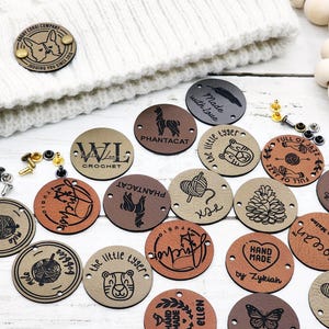 Round Custom Tags 1.25 inch For Knits And Crochet, Faux Leather Labels For Handmade Items, Leather Tags With SNAP Rivets, Gifts for Knitters