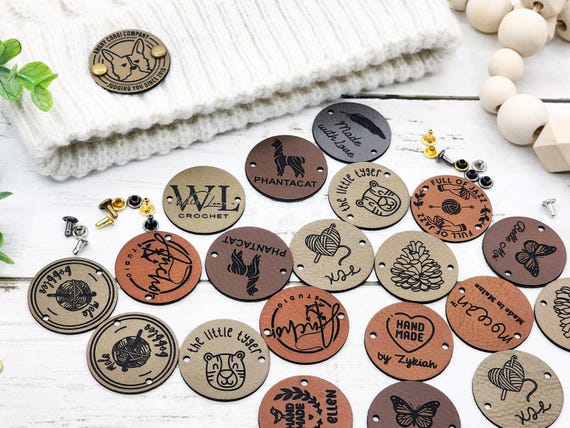 Round Custom Tags 1.25 inch For Knits And Crochet, Faux Leather Labels For Handmade Items, Leather Tags With SNAP Rivets, Gifts for Knitters